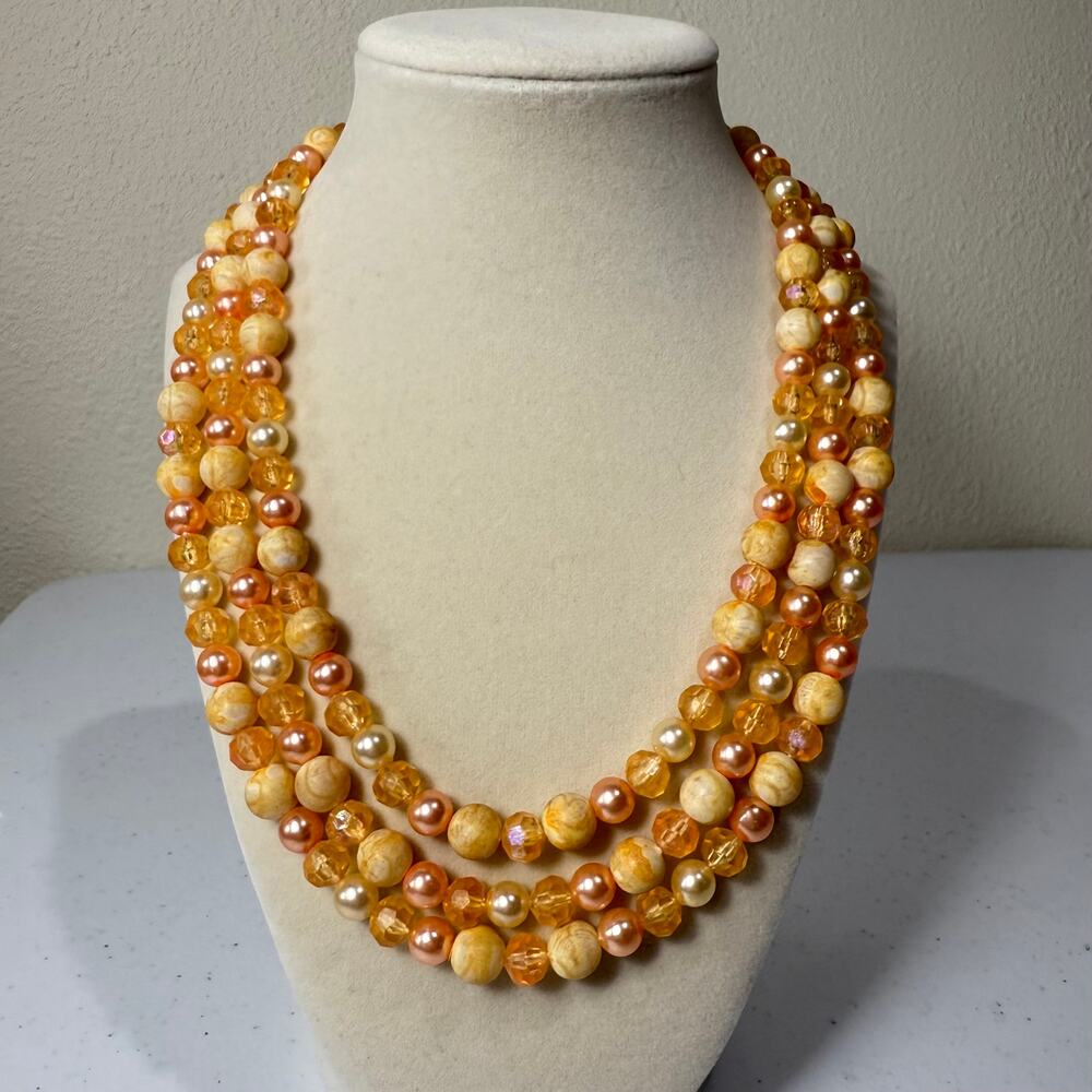 Vintage 50s 60s Multi 3 Strand Pearly Marbled Beaded Statement Necklace Classic